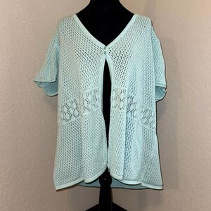 Crochet Cardigan Cover Up Women's 30-32W Blue Knit Cotton Beach Wear Cap Sleeve